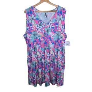 NWT Honeyme Curvy | Pink Turquoise Floral V-neck Tank Swing Dress Size XXXL